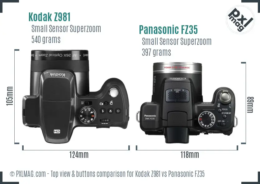 Kodak Z981 vs Panasonic FZ35 top view buttons comparison Kodak Z981 vs Panasonic FZ35 top view buttons comparison