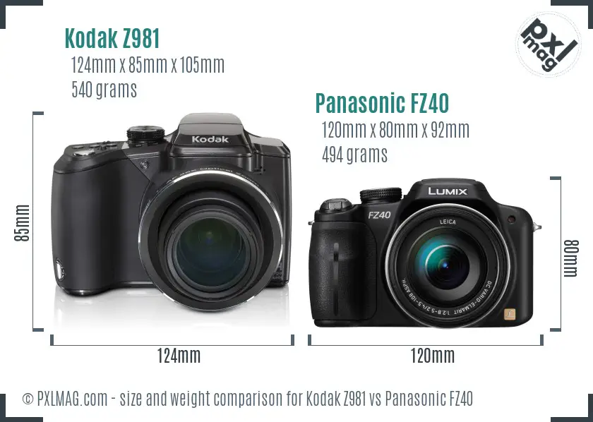 Kodak Z981 vs Panasonic FZ40 size comparison