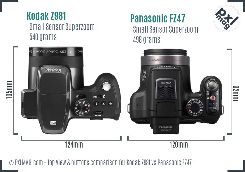 Kodak Z981 vs Panasonic FZ47 top view buttons comparison Kodak Z981 vs Panasonic FZ47 top view buttons comparison