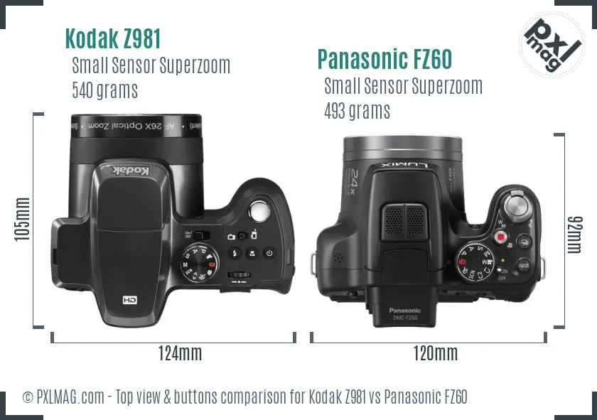Kodak Z981 vs Panasonic FZ60 top view buttons comparison