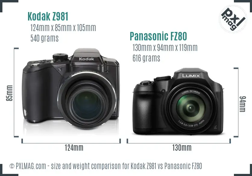 Kodak Z981 vs Panasonic FZ80 size comparison