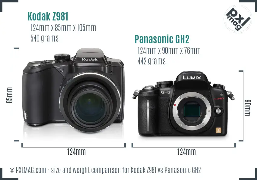 Kodak Z981 vs Panasonic GH2 size comparison