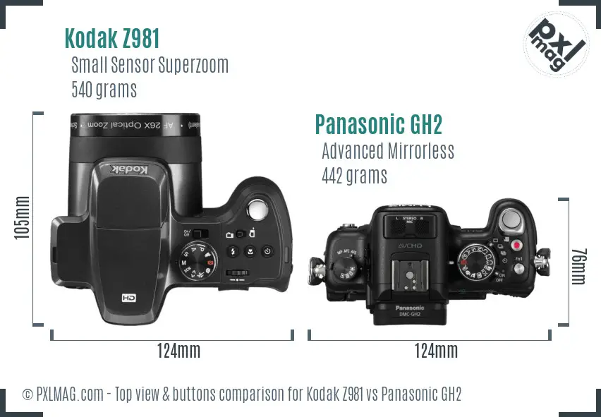 Kodak Z981 vs Panasonic GH2 top view buttons comparison