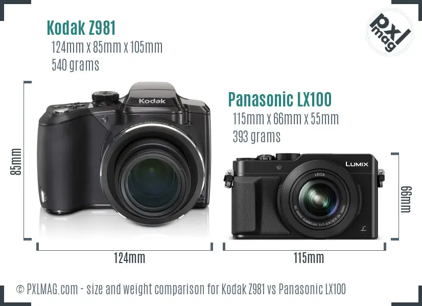 Kodak Z981 vs Panasonic LX100 size comparison