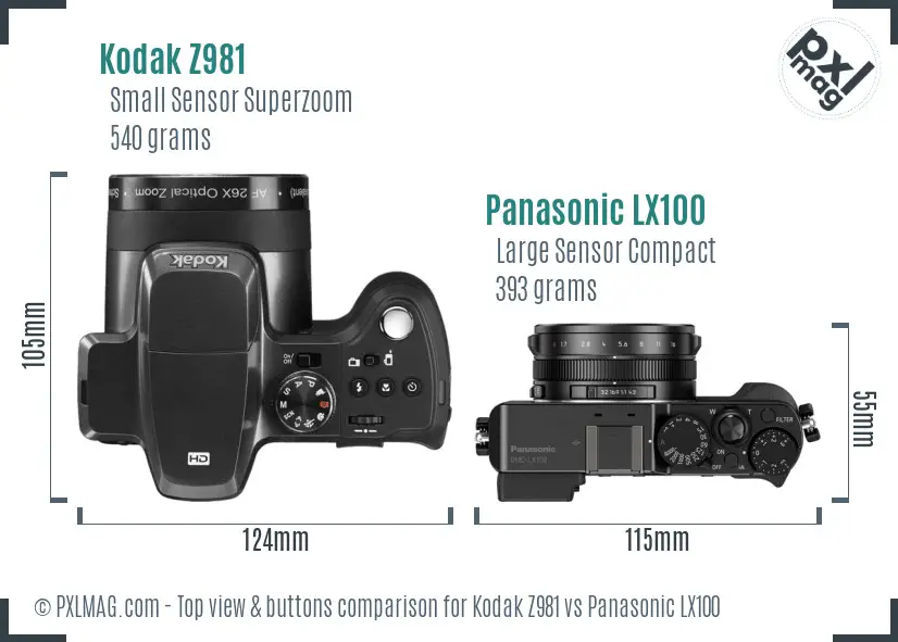 Kodak Z981 vs Panasonic LX100 top view buttons comparison