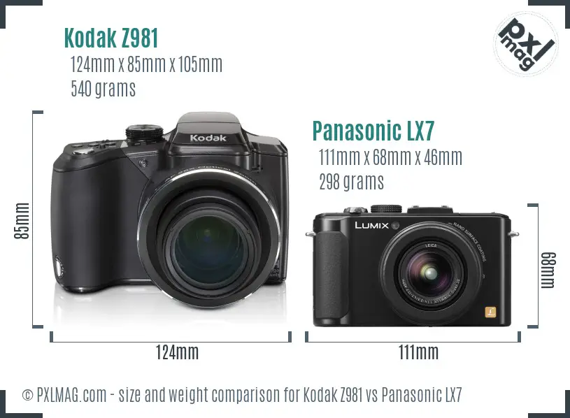 Kodak Z981 vs Panasonic LX7 size comparison