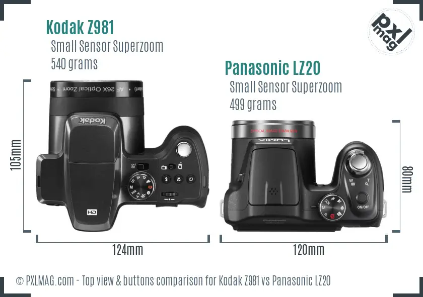 Kodak Z981 vs Panasonic LZ20 top view buttons comparison Kodak Z981 vs Panasonic LZ20 top view buttons comparison