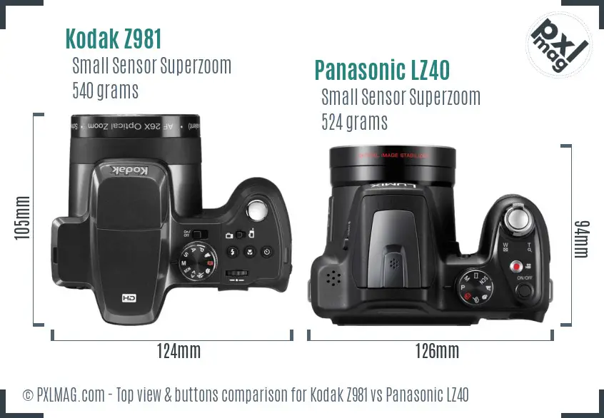Kodak Z981 vs Panasonic LZ40 top view buttons comparison Kodak Z981 vs Panasonic LZ40 top view buttons comparison