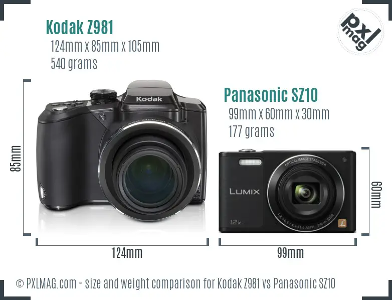 Kodak Z981 vs Panasonic SZ10 size comparison