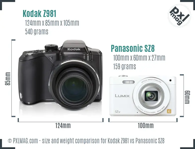 Kodak Z981 vs Panasonic SZ8 size comparison