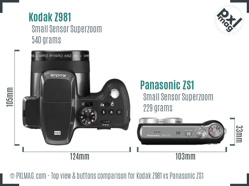 Kodak Z981 vs Panasonic ZS1 top view buttons comparison