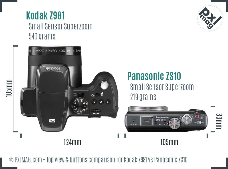 Kodak Z981 vs Panasonic ZS10 top view buttons comparison Kodak Z981 vs Panasonic ZS10 top view buttons comparison
