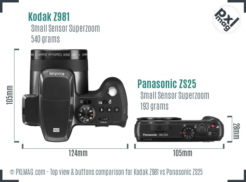 Kodak Z981 vs Panasonic ZS25 top view buttons comparison Kodak Z981 vs Panasonic ZS25 top view buttons comparison