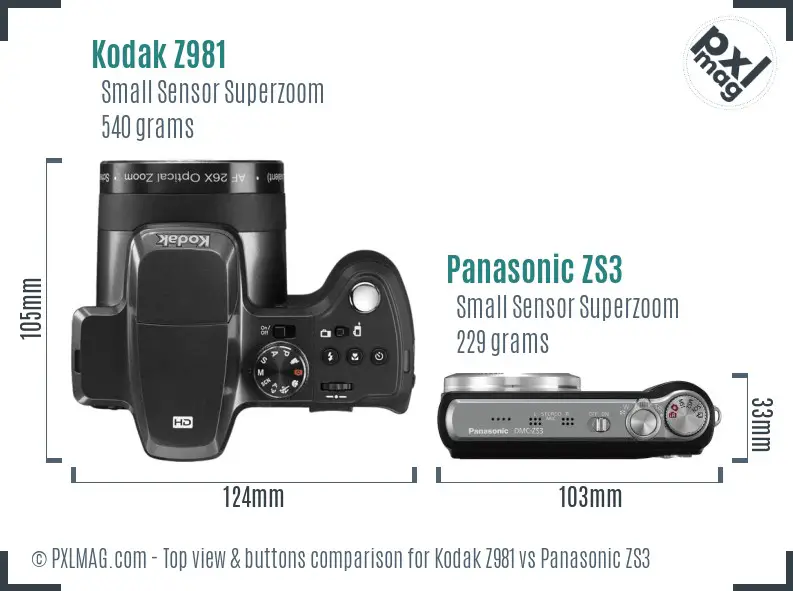 Kodak Z981 vs Panasonic ZS3 top view buttons comparison