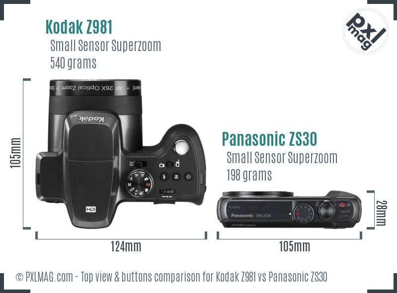 Kodak Z981 vs Panasonic ZS30 top view buttons comparison