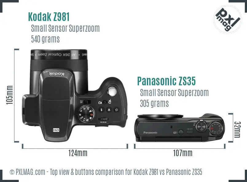 Kodak Z981 vs Panasonic ZS35 top view buttons comparison
