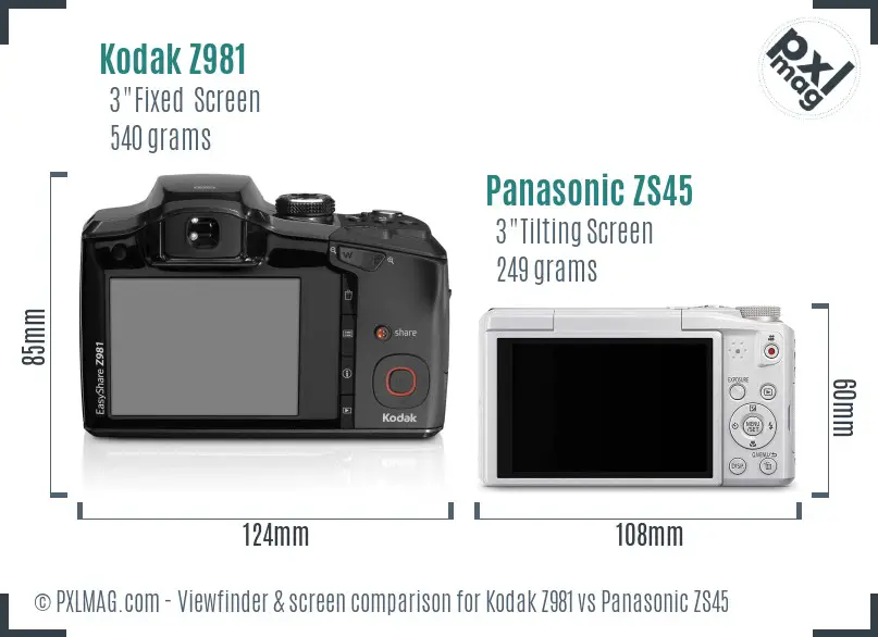 Kodak Z981 vs Panasonic ZS45 Screen and Viewfinder comparison