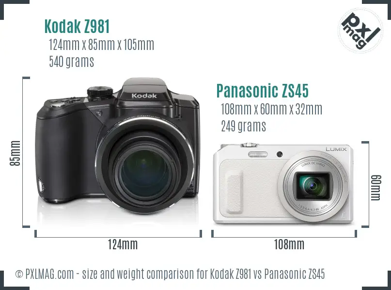 Kodak Z981 vs Panasonic ZS45 size comparison