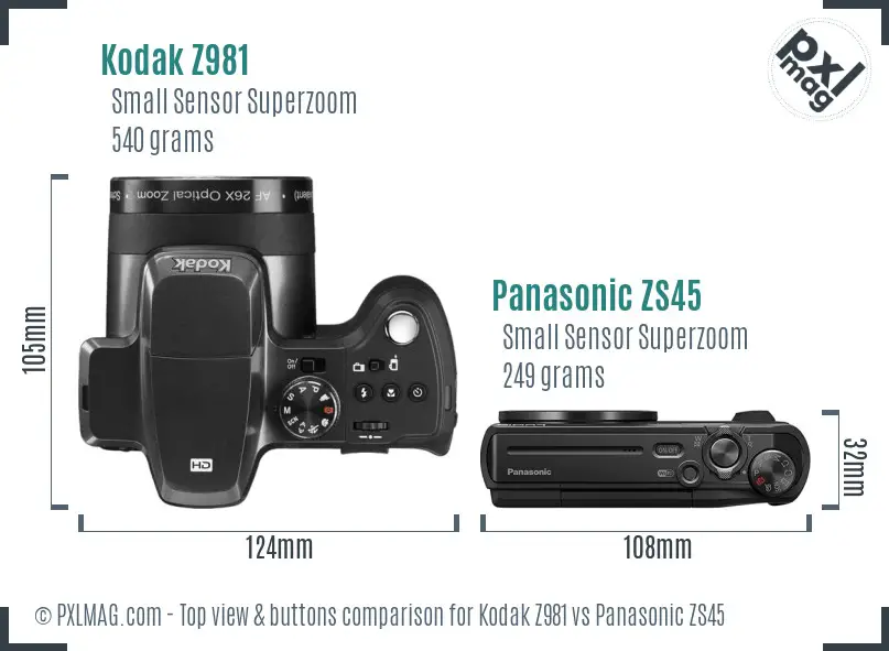 Kodak Z981 vs Panasonic ZS45 top view buttons comparison
