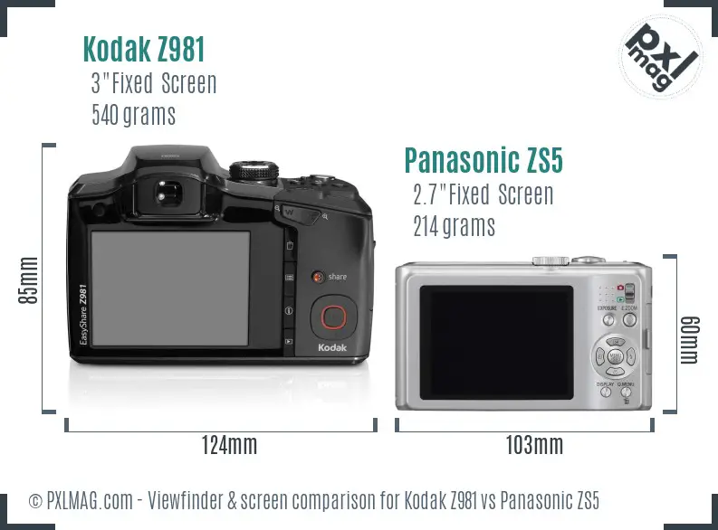 Kodak Z981 vs Panasonic ZS5 Screen and Viewfinder comparison