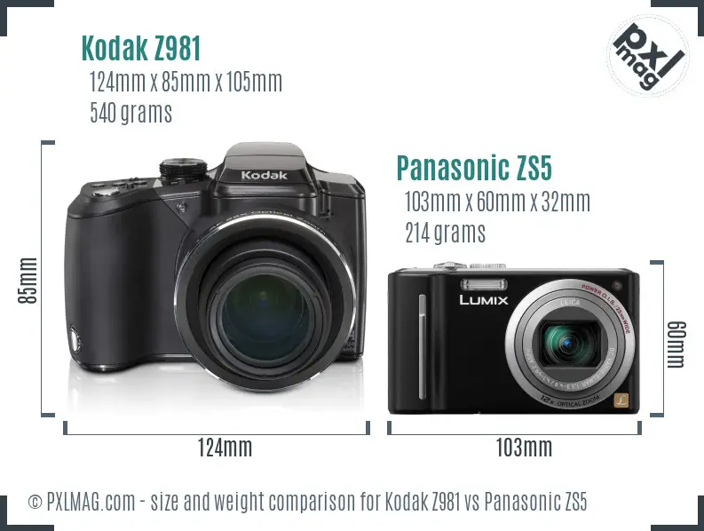 Kodak Z981 vs Panasonic ZS5 size comparison