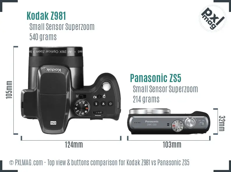 Kodak Z981 vs Panasonic ZS5 top view buttons comparison