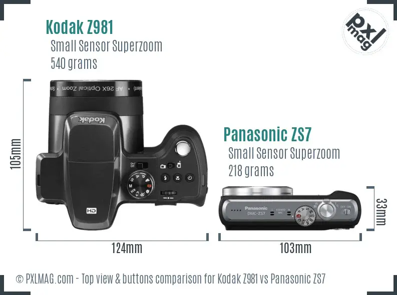 Kodak Z981 vs Panasonic ZS7 top view buttons comparison Kodak Z981 vs Panasonic ZS7 top view buttons comparison
