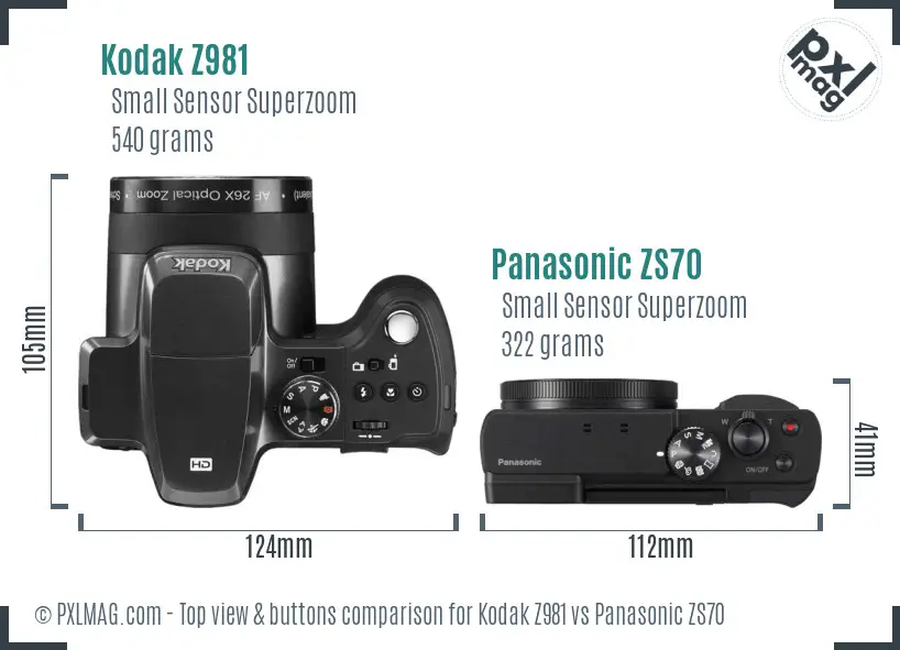 Kodak Z981 vs Panasonic ZS70 top view buttons comparison