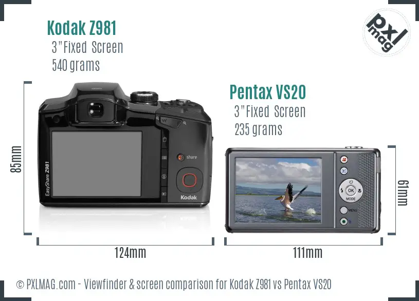 Kodak Z981 vs Pentax VS20 Screen and Viewfinder comparison