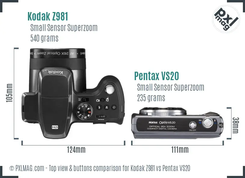 Kodak Z981 vs Pentax VS20 top view buttons comparison