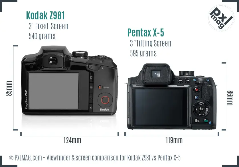 Kodak Z981 vs Pentax X-5 Screen and Viewfinder comparison