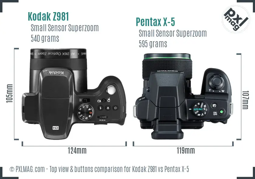 Kodak Z981 vs Pentax X-5 top view buttons comparison