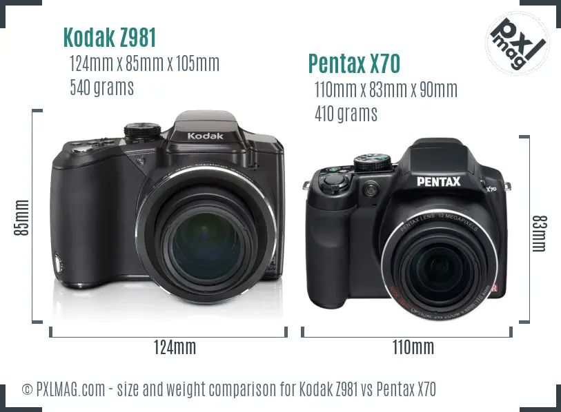 Kodak Z981 vs Pentax X70 size comparison