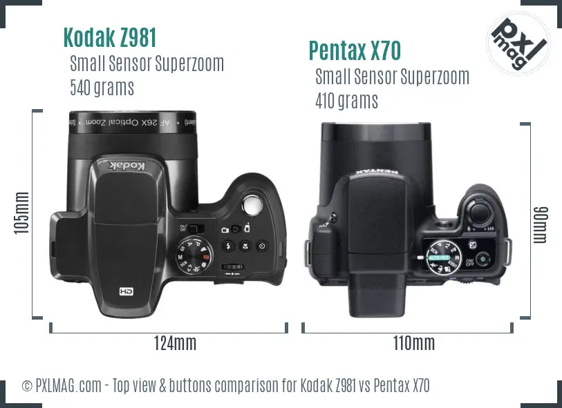 Kodak Z981 vs Pentax X70 top view buttons comparison