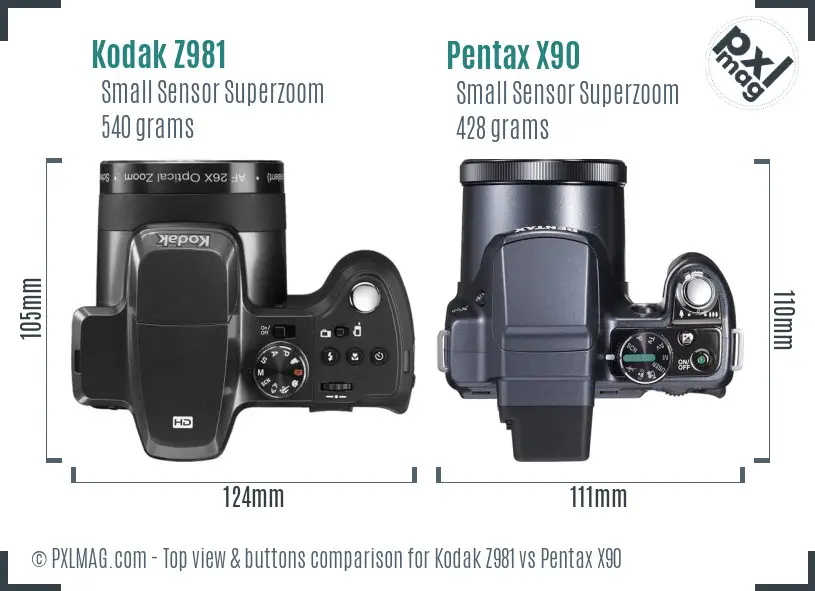 Kodak Z981 vs Pentax X90 top view buttons comparison Kodak Z981 vs Pentax X90 top view buttons comparison