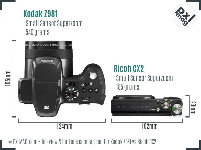 Kodak Z981 vs Ricoh CX2 top view buttons comparison Kodak Z981 vs Ricoh CX2 top view buttons comparison