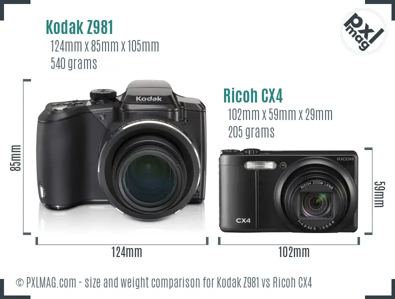 Kodak Z981 vs Ricoh CX4 size comparison