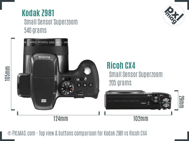 Kodak Z981 vs Ricoh CX4 top view buttons comparison