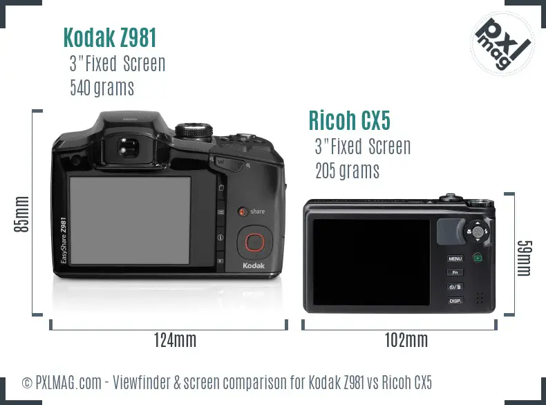 Kodak Z981 vs Ricoh CX5 Screen and Viewfinder comparison