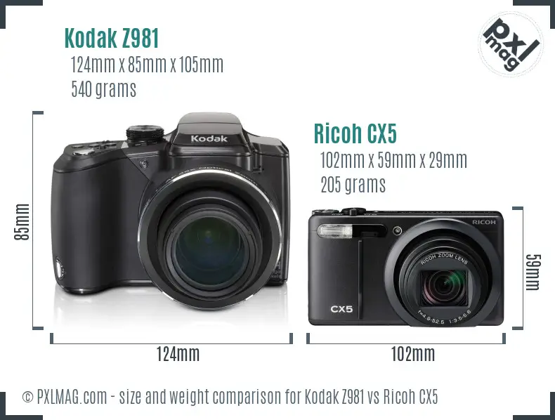 Kodak Z981 vs Ricoh CX5 size comparison