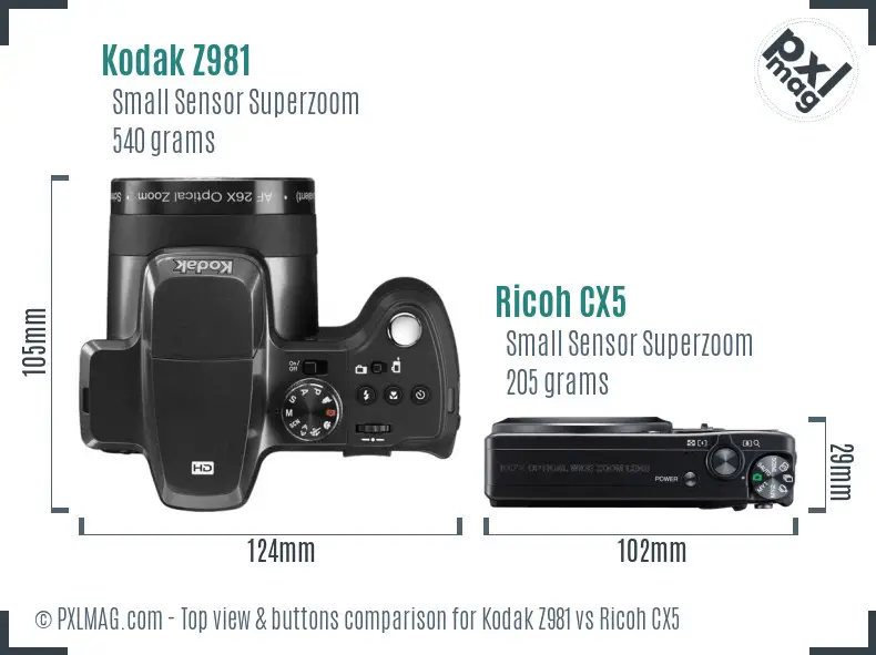 Kodak Z981 vs Ricoh CX5 top view buttons comparison