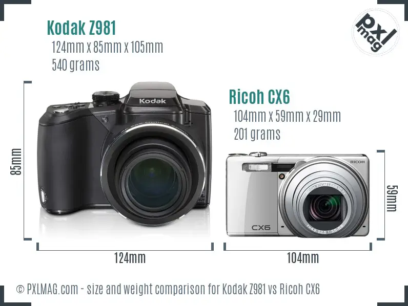 Kodak Z981 vs Ricoh CX6 size comparison