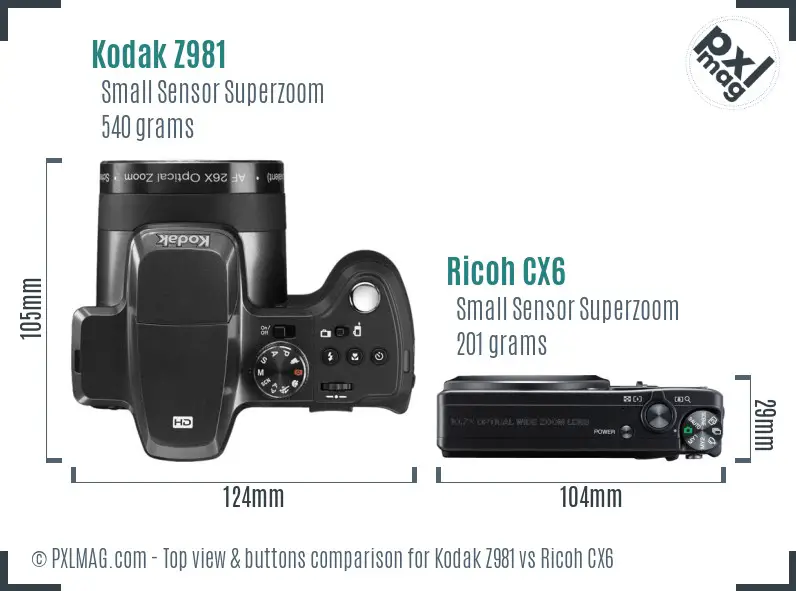 Kodak Z981 vs Ricoh CX6 top view buttons comparison