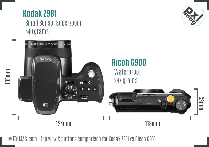 Kodak Z981 vs Ricoh G900 top view buttons comparison