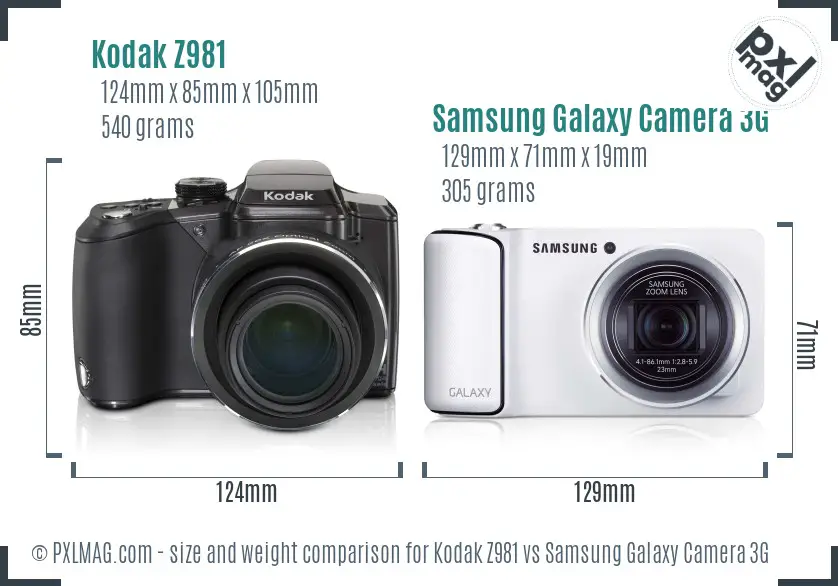 Kodak Z981 vs Samsung Galaxy Camera 3G size comparison