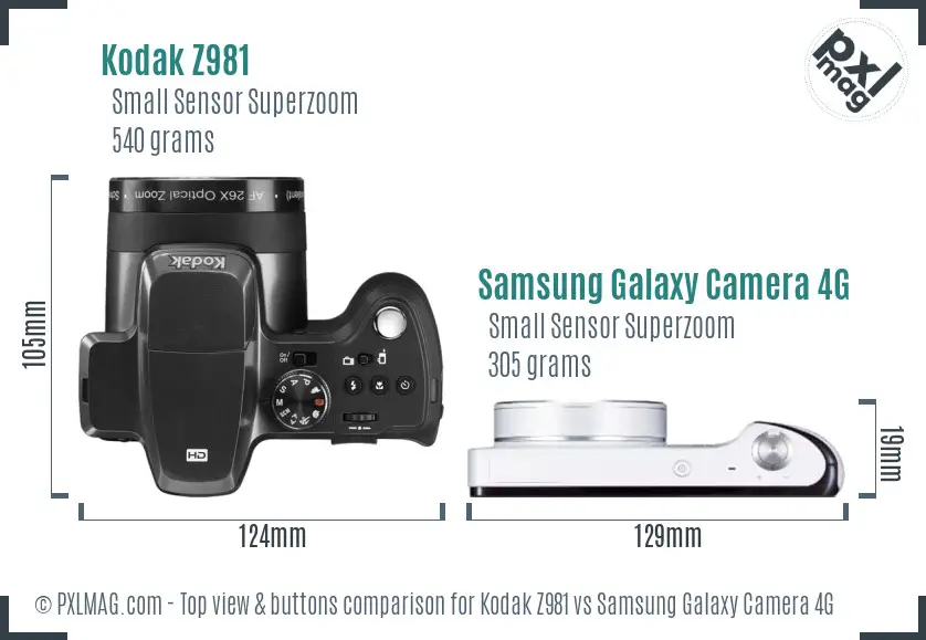 Kodak Z981 vs Samsung Galaxy Camera 4G top view buttons comparison