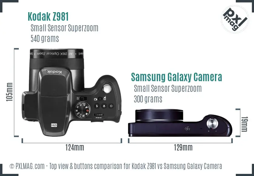 Kodak Z981 vs Samsung Galaxy Camera top view buttons comparison Kodak Z981 vs Samsung Galaxy Camera top view buttons comparison