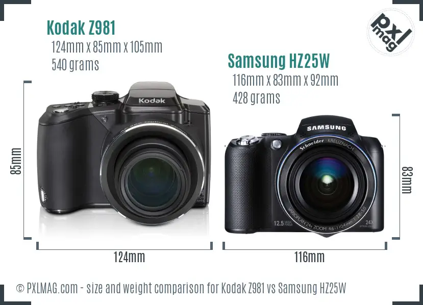 Kodak Z981 vs Samsung HZ25W size comparison