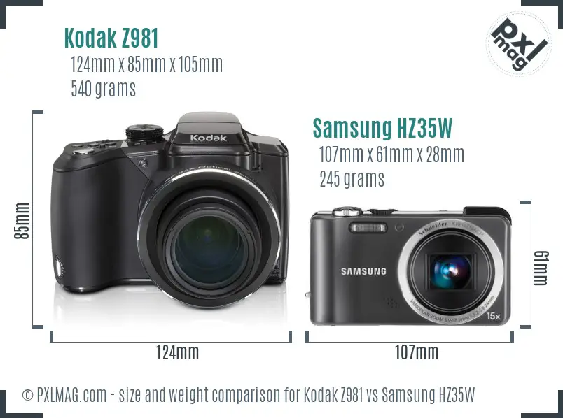 Kodak Z981 vs Samsung HZ35W size comparison