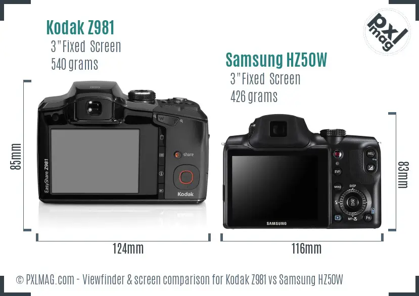 Kodak Z981 vs Samsung HZ50W Screen and Viewfinder comparison